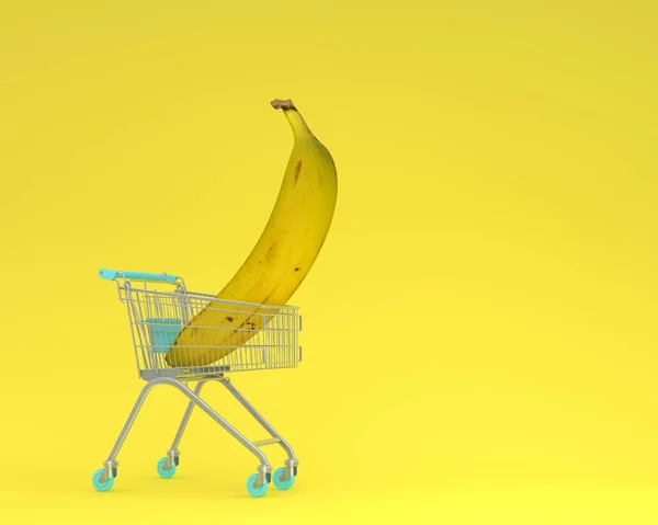 Idea creativa layout carrello della spesa con banana su giallo pastello — Foto Stock