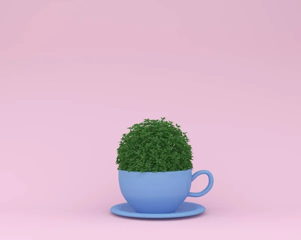 Criativa feita de planta com xícara de café azul no backg pastel rosa — Fotografia de Stock