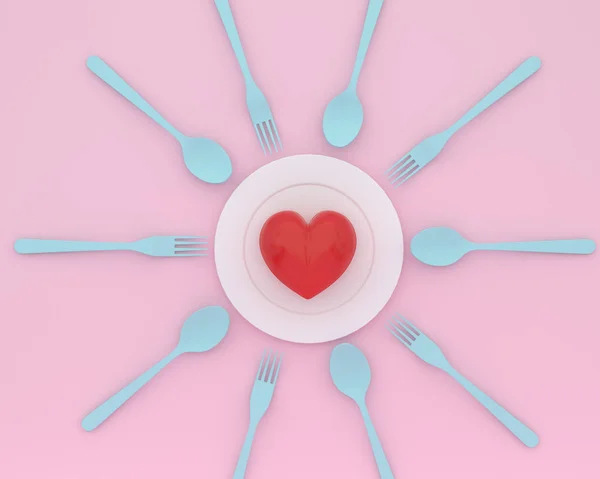 Diseño de idea creativa hecha de corazón en plato con cucharas azules y — Foto de Stock