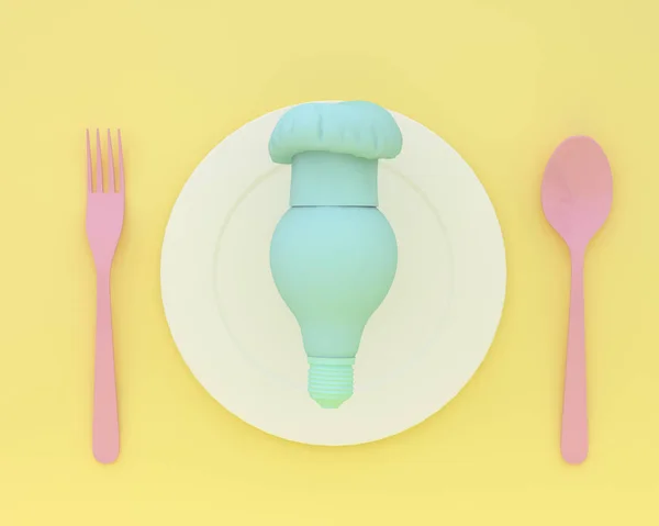 创意布局的灯泡与厨师帽和板在黄色背景 最小的经营理念和食品理念 — 图库照片