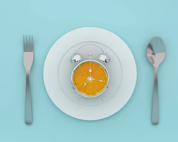 Kreativ idé layout gjord av Fresh orange slice väckarklocka på p — Stockfoto