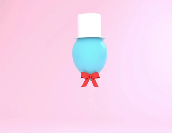 Kreativní rozložení z modrého balónku s kloboukem a červenou stuhou na — Stock fotografie