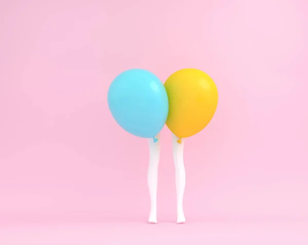 气球蓝色和黄色柔和与白色腿妇女粉红色合作 — 图库照片