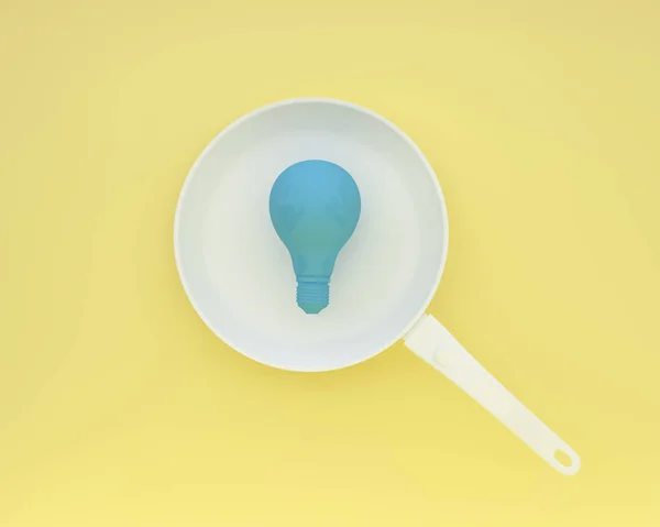 Сині Лампочки Сковородою Жовтому Тлі Вид Зверху Мінімальна Бізнес Концепція — стокове фото