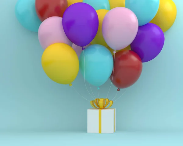 La confezione regalo bianca con nastro giallo e palloncini colorati floa — Foto Stock