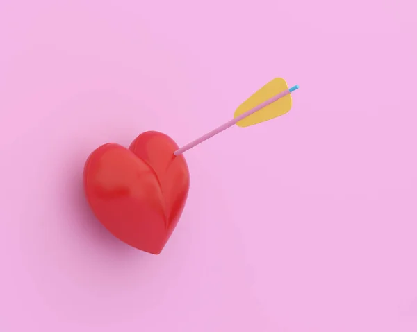 Corazón Rojo Con Flecha Sobre Fondo Rosa Pastel Concepto Mínimo — Foto de Stock