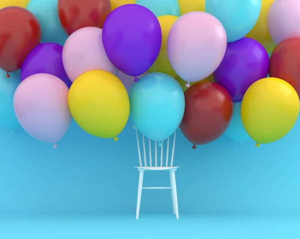 Ballons colorés flottant avec chaise blanche sur fond bleu — Photo