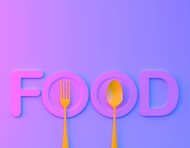 Yemek kelime işareti logosu ile kaşık ve çatal bvibrant kalın degrade mor ve mavi holografik renkler arka plan. minimal gıda konsepti. Kafe veya restoran amblemi.