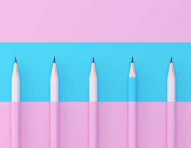 Mavi kalem pembe pastel arka plan üzerinde bol aynı pembe adam kalabalığın dışarı ayıklayın. minimal yaratıcı kavram. Liderlik, bağımsızlık, farklı düşünmek, iş başarısı kavramı