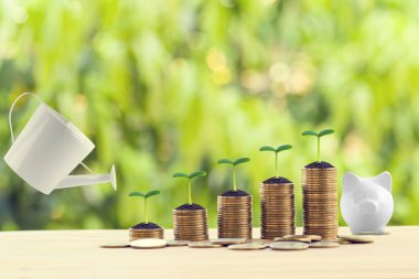 Gelecekteki büyüme konsepti için para biriktirmek: Su, doğal yeşil arka planda tahta masaya yükselen bozuk paraların sıralarına dökülüyor. Bankacılık ve finans, sürdürülebilir büyüme için varlık güvenliği sunar.
