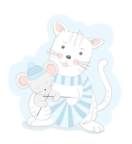 かわいい猫とラット漫画編みスカーフ 手描き — ストックベクタ