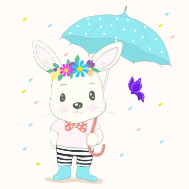 Yağmurlu bir günde şirin tavşan çizgi filmi şemsiyesini elinde tutuyor. El çizimi biçimi