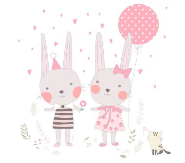 Balon karikatürlü sevimli tavşan yavrusu. El çizimi çizgi film tarzı