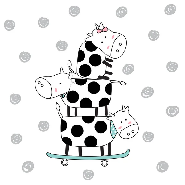 スケートボードとかわいい赤ちゃん牛 手描き漫画風 — ストックベクタ