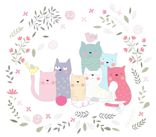 かわいい赤ちゃん猫と花 手描きの動物漫画風 — ストックベクタ