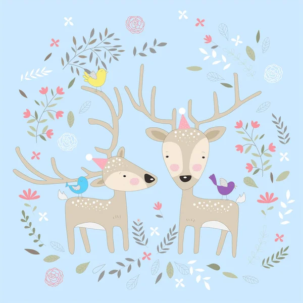 Cute Baby Deer Flower Hand Drawn Cartoon Style — Stock Vector