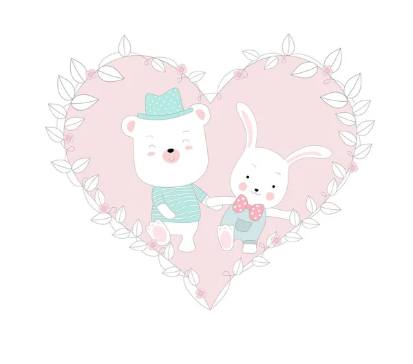 Cute Baby Rabbit Piggy Character Animal Cartoon Hand Drawn Style — Stock Vector