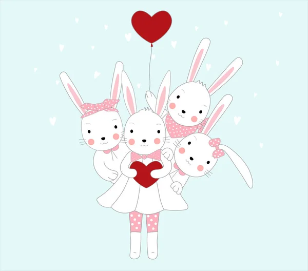 Милый Кролик Красным Сердцем Животный Мультяшный Стиль — стоковый вектор