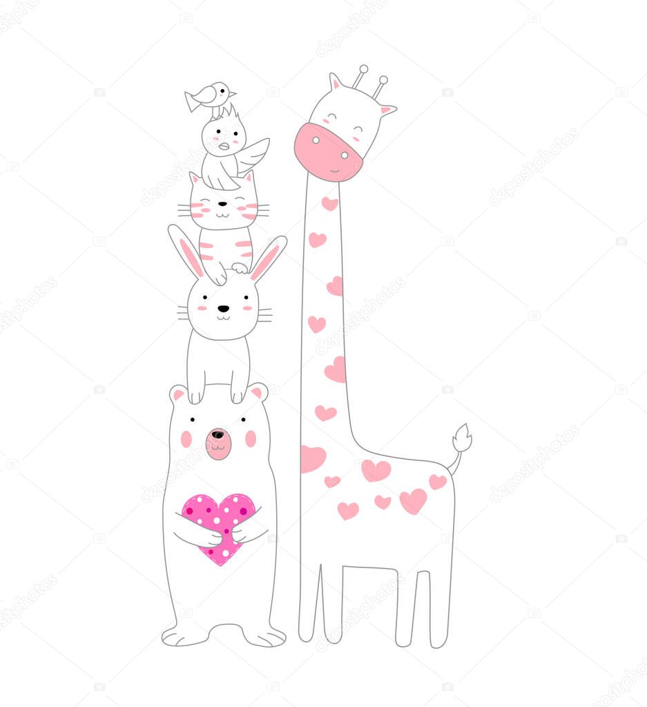 Hand drawn style white cute animal cartoon