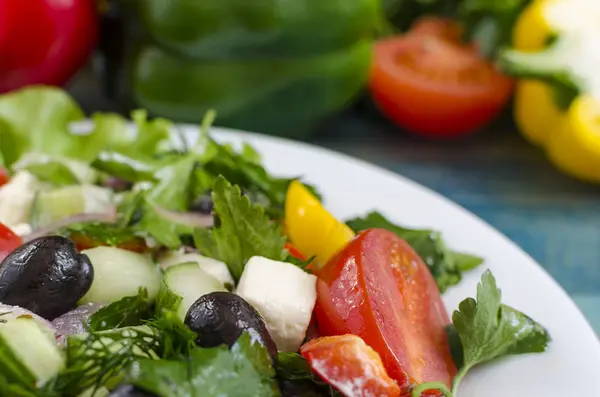 Vegetable Salad Cucumber Capsicum Tomato Olives White Plate Genuine Blue — 图库照片