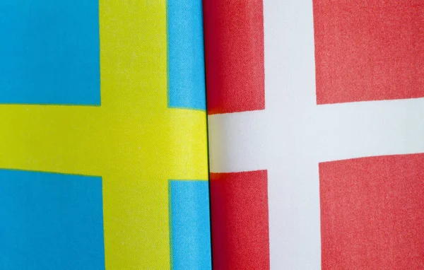 Fragmenty Vlajek Švédska Dánska Detailní Záběr — Stock fotografie