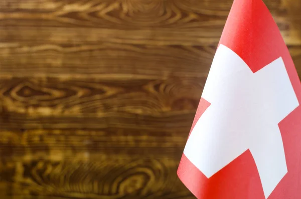 Fragment Swiss Flag Foreground Space Text Blurred Background — Stock Photo, Image