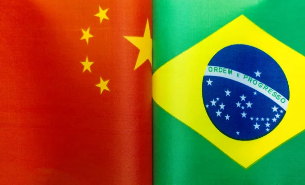 Fragmentos Bandeiras Nacionais Brasil China Close — Fotografia de Stock