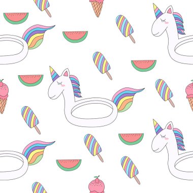 Dikişsiz desen sevimli tek boynuzlu at karikatür el çizilmiş style.vector ve illüstrasyon