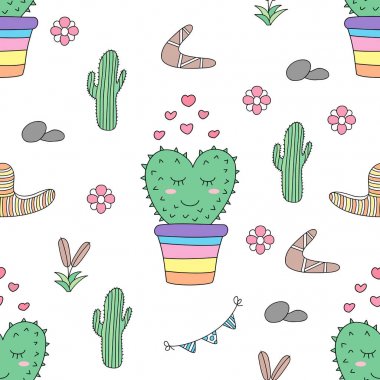 Dikişsiz desen sevimli kaktüs karikatür el çizilmiş style.vector ve illüstrasyon