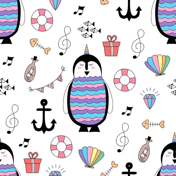 Dikişsiz desen sevimli penguen karikatür el çizilmiş style.vector ve illüstrasyon