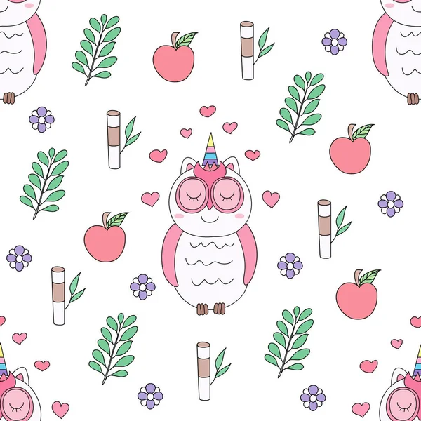 Dikişsiz desen sevimli baykuş karikatür el çizilmiş style.vector ve illüstrasyon