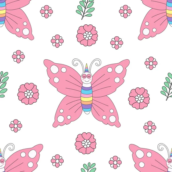 Seamless Pattern Cute Butterfly Cartoon Hand Drawn Style Vector Illustration — Stock Vector