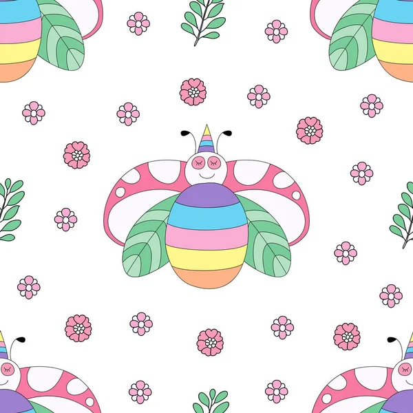Dikişsiz desen sevimli uğur böceği karikatür el çizilmiş style.vector ve illüstrasyon