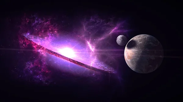 Gezegenler ve galaksi, bilim kurgu duvar kağıdı. Uzayın derinliklerinde güzellik. Evrende milyarlarca galaksi Kozmik sanat arka plan