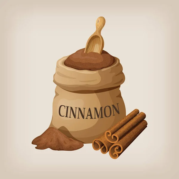 Powder of cinnamon in a canvas bag and cinnamon sticks. Vector illustration — Stock Vector