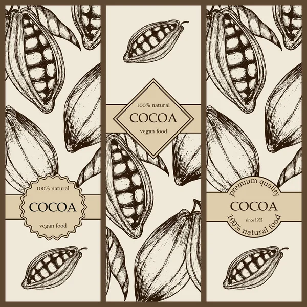 Conjunto de pancartas con cacao dibujado a mano. Colección de banners verticales con productos de cacao. Ilustración de vector Vintage — Archivo Imágenes Vectoriales