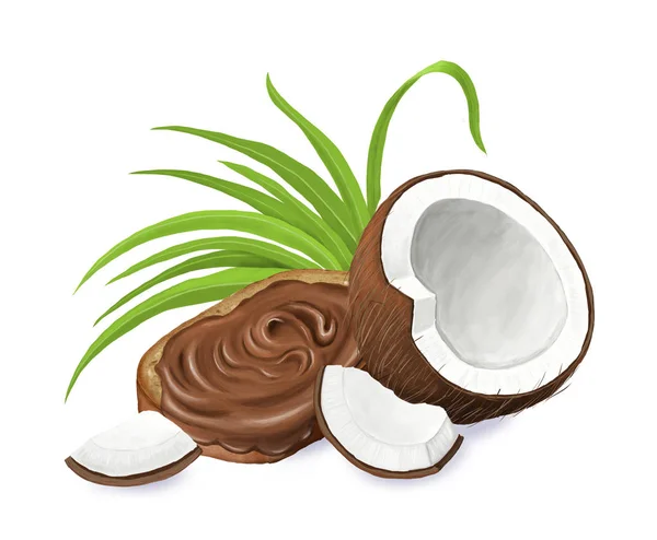 Хліб з шоколадною пастою та кокосовим горіхом. Растрова ілюстрація, ізольована на білому тлі . — стокове фото
