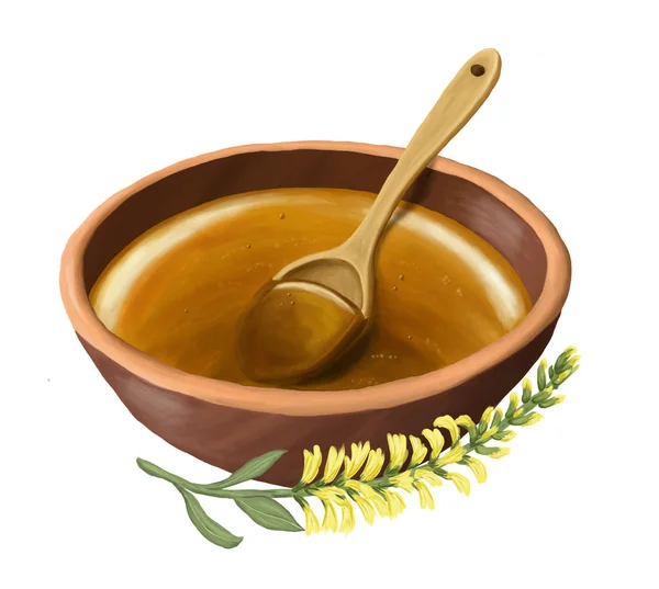 Miel en un tazón con una cuchara de madera y una rama de meliloto. Ilustración de trama —  Fotos de Stock