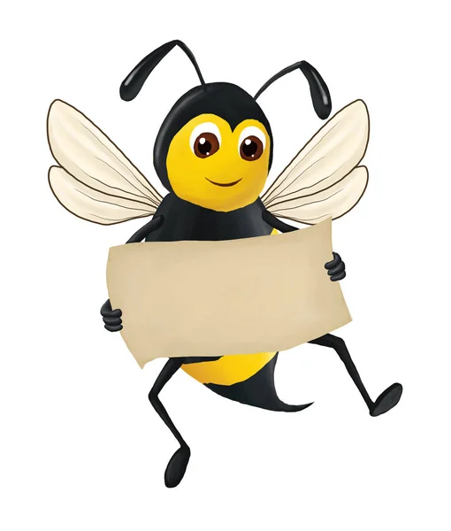 De grappige bee houdt een schoon vel papier in zijn hand, geïsoleerd op de witte achtergrond. Raster illustratie — Stockfoto