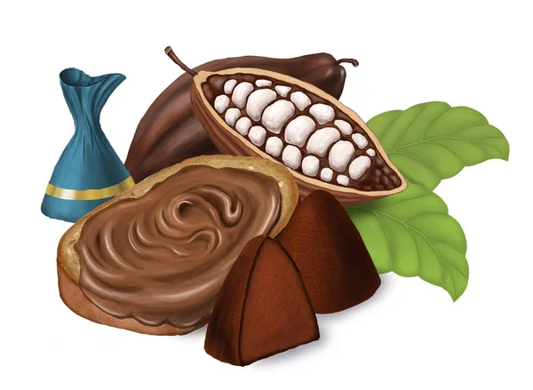 Bonbons truffe, pain à la pâte de chocolat et cacao. Isolé sur blanc. Illustration raster — Photo