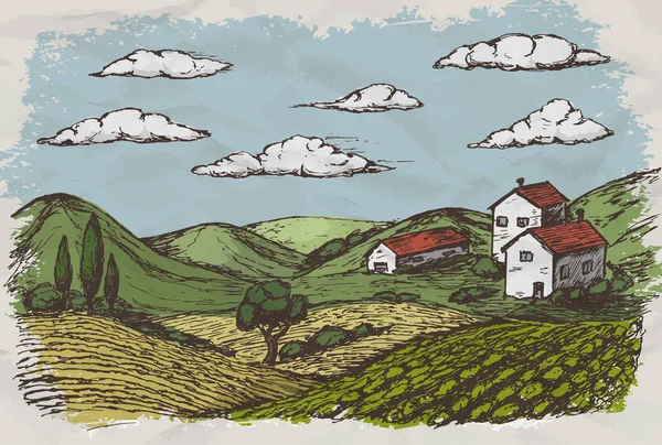 Maisons de village dessinées à la main esquisse et nature. Illustration vectorielle — Image vectorielle