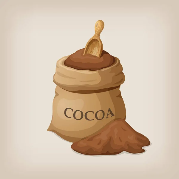 Sacchetto di cacao appena macinato, cacao in polvere cucchiaio di legno. Illustrazione vettoriale — Vettoriale Stock