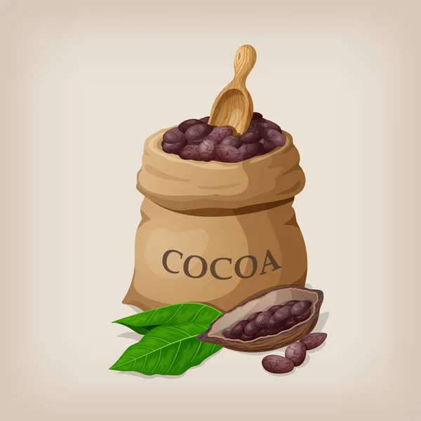 Frijoles de cacao en una bolsa. Ilustración vectorial — Vector de stock