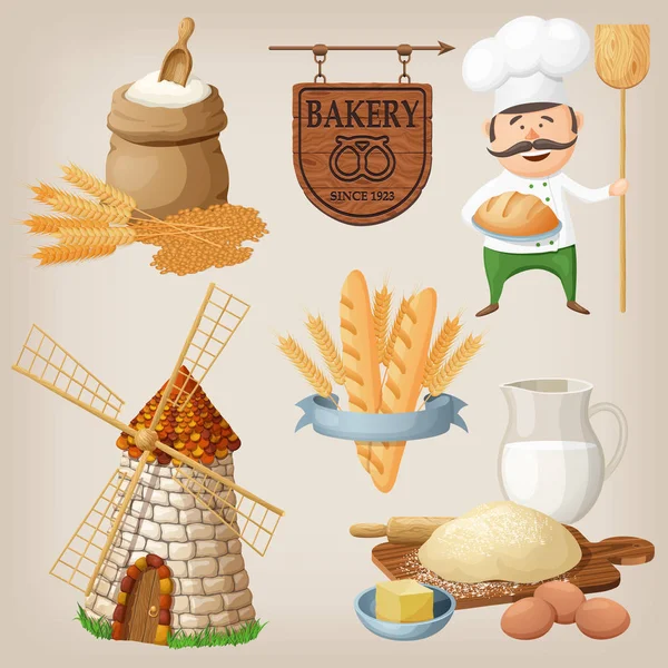 Conjunto de panadería. Conjunto de personajes de dibujos animados e iconos para situaciones de diseño de alimentos . — Vector de stock