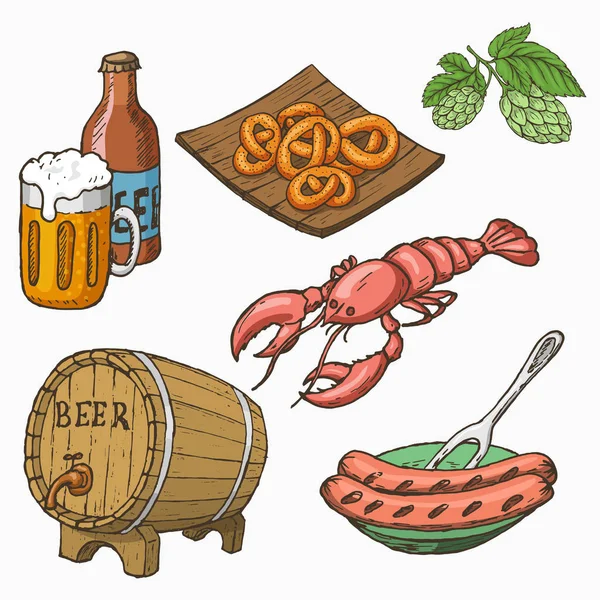 Sketch style set of beer and snacks. Vector illustration. — Stock Vector