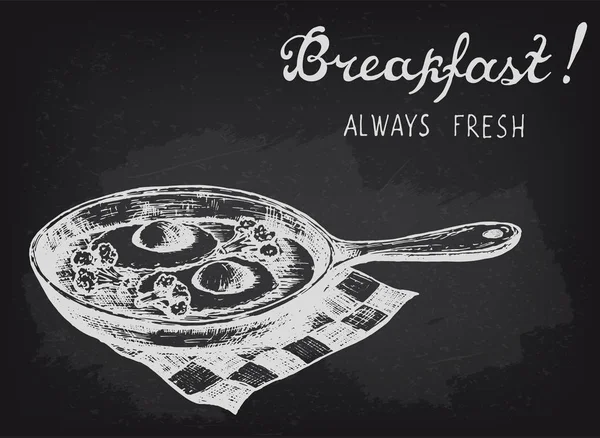 Brokoli Pan Fried yumurta. Kara tahta stil vektör çizim. — Stok Vektör