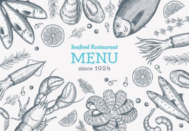 Vector frame with hand drawn seafood illustration - fresh fish, lobster, crab, oyster, mussel, squid and spice. Decorative card or flyer design with sea food sketch. Vintage menu template. clipart