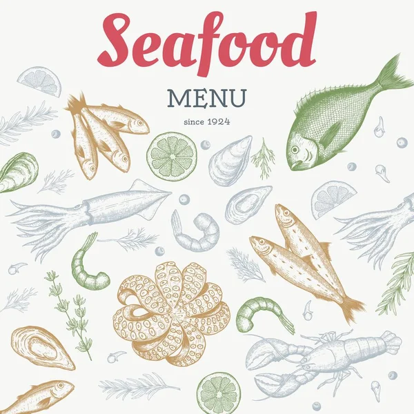 矢量老式海鲜餐厅的宣传单。手拉的横幅。伟大的菜单、 横幅、 海报、 卡，海鲜生意促进. — 图库矢量图片