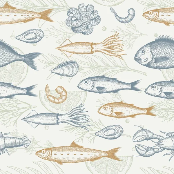 Seafood restaurant seamless pattern. Fish, seashell, leaf, shrimp. Engraved vintage sea set. Vector illustration — Stock Vector