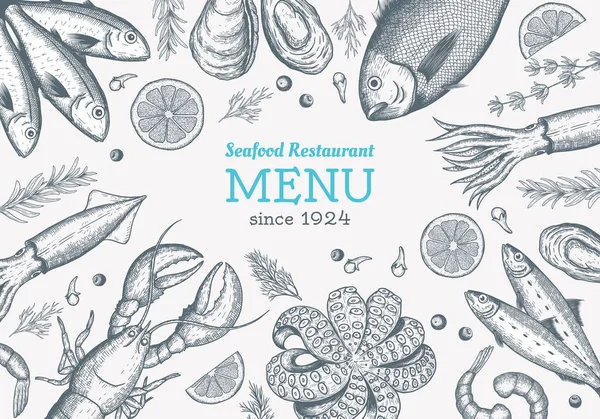 Vector frame with hand drawn seafood illustration - fresh fish, lobster, crab, oyster, mussel, squid and spice. Decorative card or flyer design with sea food sketch. Vintage menu template. — Stock Vector